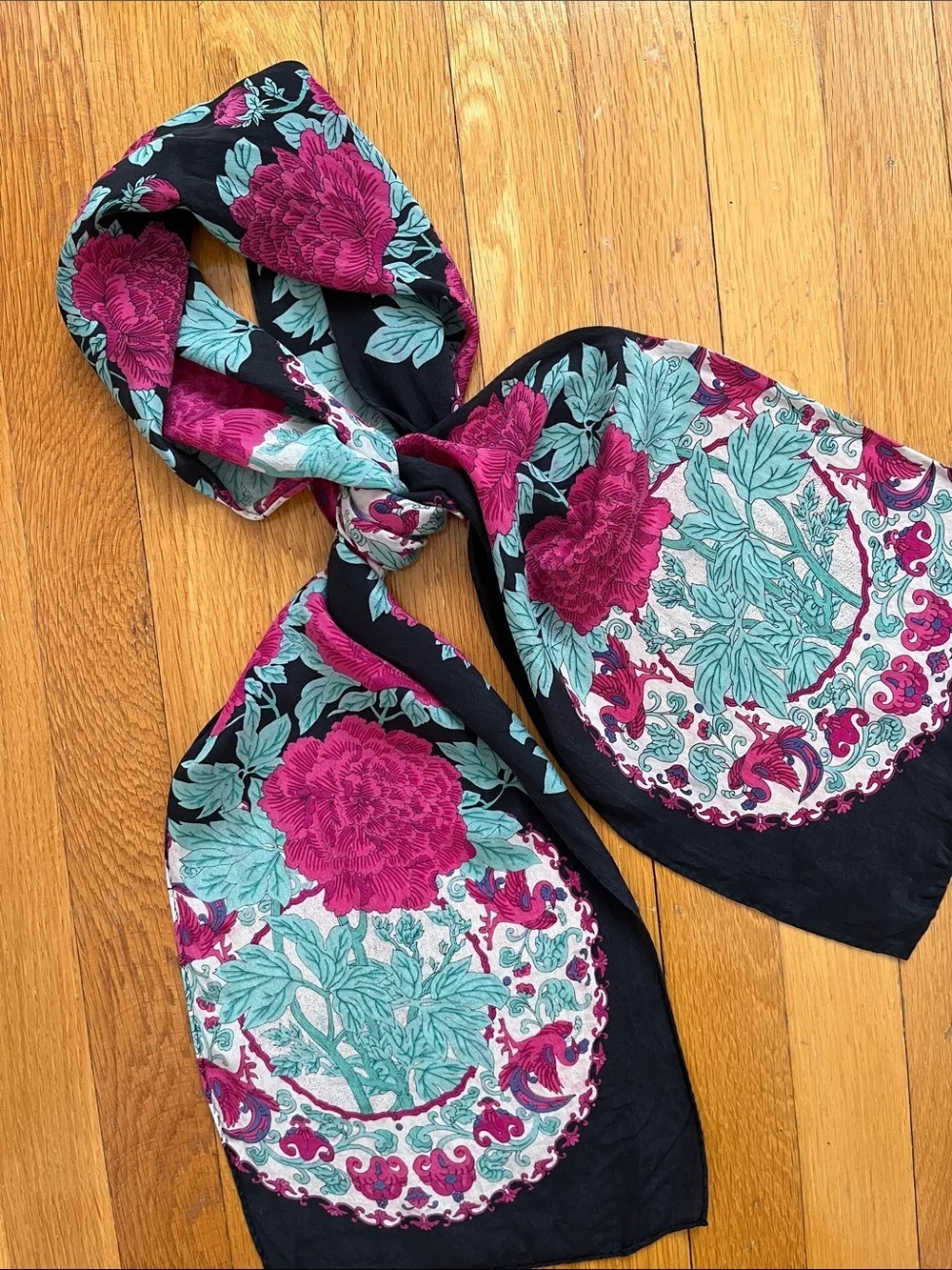 Ginnie Johansen Inc. 100% Silk 1989 Vintage 80s Teal Magenta Pink & Black Scarf